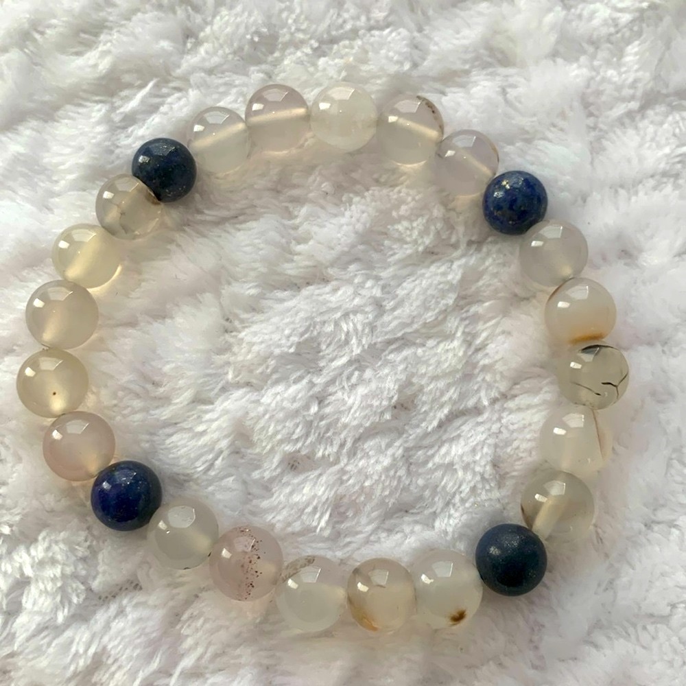 Flower Agate and Lapis Lazuli Crystal Gem Bracelet 2.5”